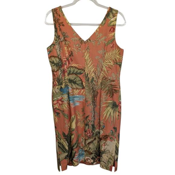 Talbots 12P Orange Tropical Palm Print Hawaaiin Sheath Dress V Neck Seed Beading - Picture 2 of 13